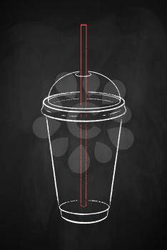 Transparent disposable takeaway coffee cup isolated on black chalkboard background. Vector chalk drawn sideview grunge illustration.