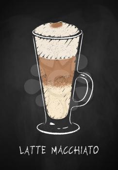 Latte Macchiato coffee cup isolated on black chalkboard background. Vector chalk drawn sideview grunge illustration.