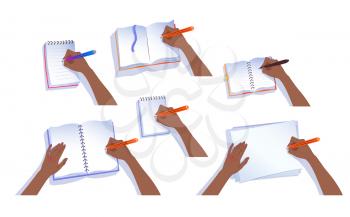 Vector collection of hands writing in copy space notebooks and paper isolated on white background.