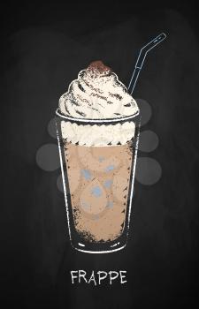 Frappe coffee cup isolated on black chalkboard background. Vector chalk drawn sideview grunge illustration.