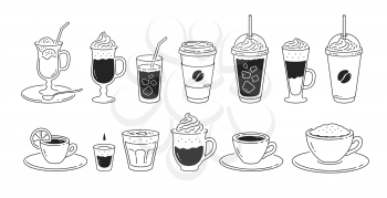 Vector minimalistic line art illustration set of coffee cups isolated on white background.