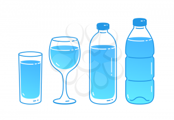 Vector illustration set of bottles and glasses of water. Minimalistic icon isolated on white background.