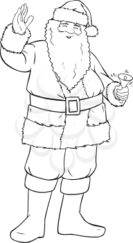 Vector illustration coloring page of Santa Claus smiling and ringing a bell and waving his hand for Christmas.