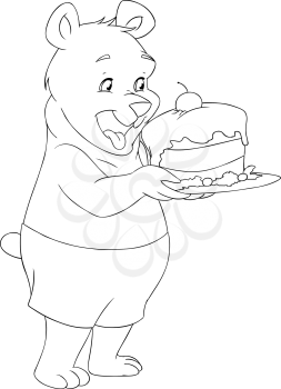 Vector illustration coloring page of a cute young bear holding a delicious cake.