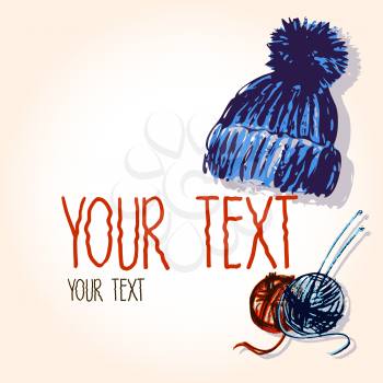 Vector graphic, artistic, set of images for the design knitted cap and skeins with spokes.
