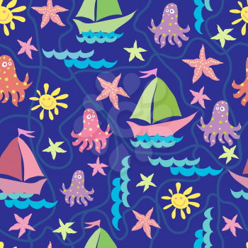 Vector graphics, artistic, stylized  seamless pattern on the theme of the sea with a ship, octopus and sun. Pattern can be used for fabric design, wallpaper, wrapping papers.