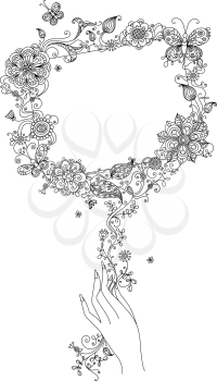 Illustration with linear flowers, leaves, butterflies and blank sign for your text.