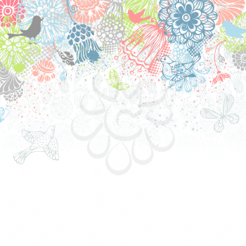 Ornate pattern of butterflies, flowers and birds on white background. There is place for your text on bottom.