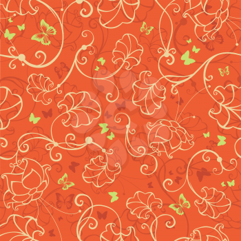 Seamless repeating tile with butterflies and flowers.