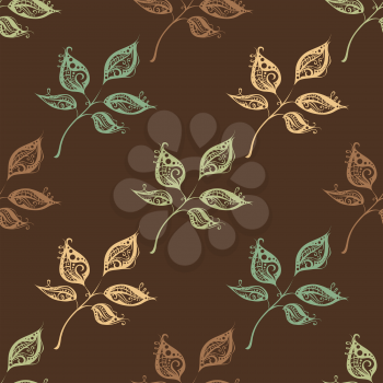 Vector pattern of ornate leaves on brown background.