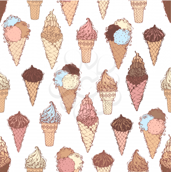 Hand-drawn ice-cream cones on white background. Boundless illustration. 