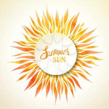Bright hand-painted sun on light background. There is place for your text in the center.