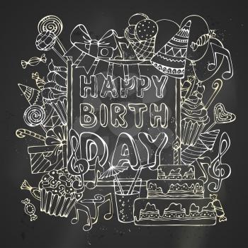 Hand-drawn outline Birthday sweets, party blowouts, party hats, gift boxes and bows, garlands and balloons, music notes and firework, candles on birthday pie. You can place your text in the center of 
