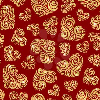 Gold glowing hearts on red background. Boundless background can be used for web page backgrounds, textile surfaces, wallpapers, congratulations and invitations.