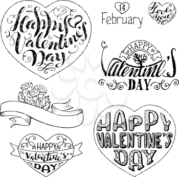 Vector set of hand-written love phrases, hearts, ribbons and flourishes. Sketch grunge pencil lettering isolated on white background.