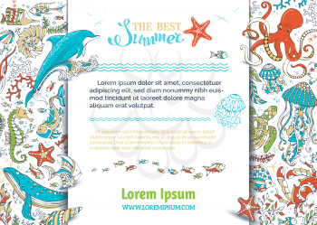 Dolphin, turtle, fish, starfish, crab, shell, jellyfish, seahorse, algae, octopus, waves. Underwater wild animals and plants. There is place for text on white.