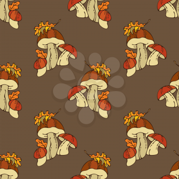 Mushroom and autumn leaf. Fall time. Boundless background for your autumn design.