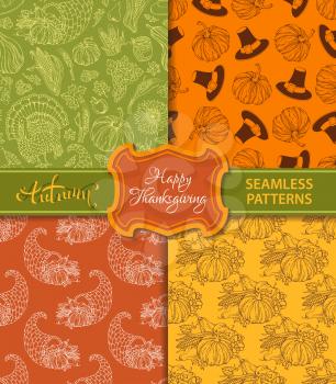 Corn, horn of plenty, grape, pilgrim's hat, pumpkin, turkey, wheat, autumn leaf, sunflower, apple. Boundless hand-drawn harvest backgrounds.