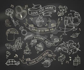 Hand-drawn cartoon love design elements on blackboard background. There are places for your text on decorative ribbons.