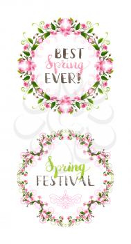 Pink cherry blossoms and leaves on tree branches, hand-drawn flourishes. Hello spring lettering. Ornate page decorations isolated on white background.