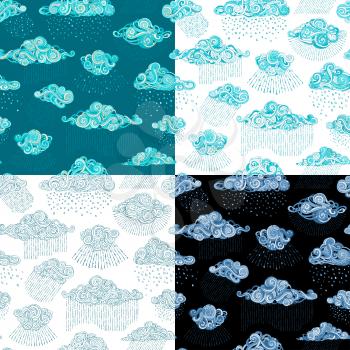 Various ornate clouds and rain drops. Doodles boundless backgrounds.