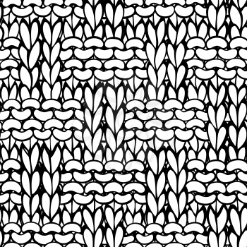 Doodles Braided Knitting Pattern. Black and white hand-drawn cotton cloth background. High detailed wool hand-knitted fabric material.