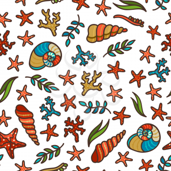 Various sea plants and algae, shells and starfish. Great for web page background, wrapping paper and invitation. Hand-drawn boundless background.