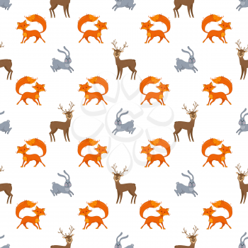 Deer, fox and hare in cartoon style. Boundless background for your design.