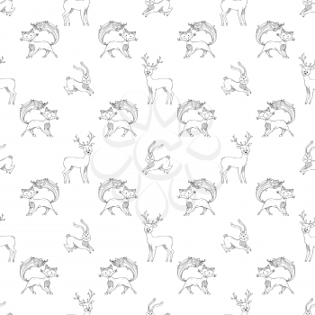 Black contours of deer, fox and hare on white background. Duotone boundless background for your design.