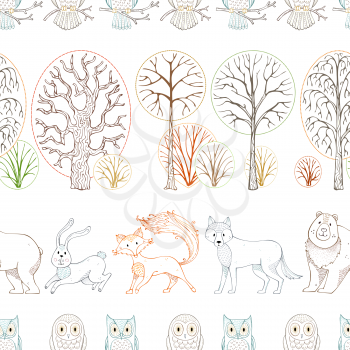 Colored contours of wild animals and birds on white background. Fox, bear, hare, wolf and owls. Trees and bushes. Seamless repeating tiles.