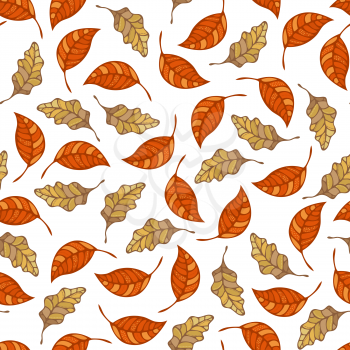 Ash and oak leaves on white background. Fall boundless background. Tileable elements.