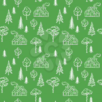 Linear green and white illustration. House in the woods, trees and bushes. Bright boundless background for your nature design.