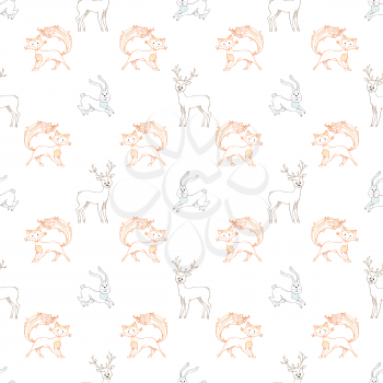 Coloured contours of deer, fox and hare. Boundless background for your design.