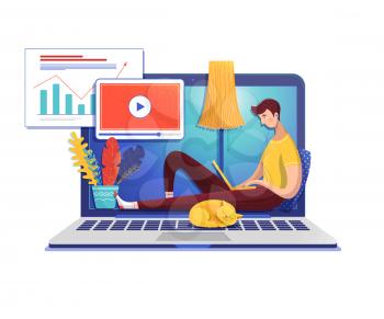 Man studying online flat vector illustration. Student cartoon character watching data analysis video lesson. School, university Internet class. E learning, self education. Guy and cat on laptop
