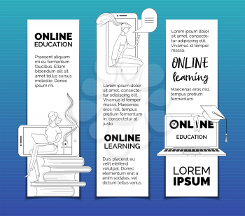 Ereading bookmarks templates set. Digital library archive, ereader, elearning web banners pack with text space. Online courses, Internet lessons and remote classes advertisement posters
