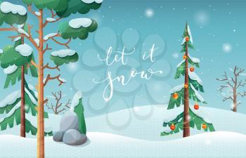 Winter season flat vector banner template. Let it snow, famous song lyrics phrase lettering. Decorated fir tree in snowy woodland. New Year, Christmas time romantic postcard design layout