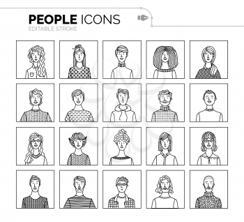 Vector set of user avatars. Linear minimalistic icons. Men and women portraits set. People profile pictures. Various face icons for representing a person. User pic for internet forum or web account