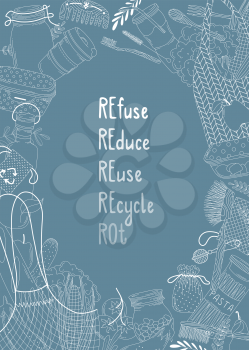 Refuse, reduсe, reuse, recycle, rot. Blank ellipse frame with eco friendly accessories and organic nutrition. Veggies and recyclable sacks outline vector border