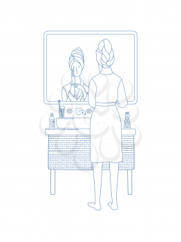 Female narcissism, vanity, egotism, and love of self. Young woman standing in bathroom. Cute girl wearing bathrobe looking at her reflection in mirror. Cartoon linear vector illustration