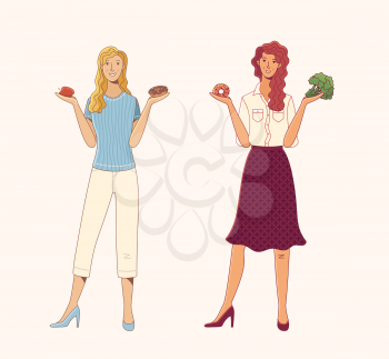 Young women choosing between healthy and junk food cartoon illustration. Fresh vegetables and fruits vs sweets. Vector flat girls comparing apple, broccoli, and donut. Balanced menu vs fastfood