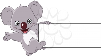 Cheerful koala climbing a sign