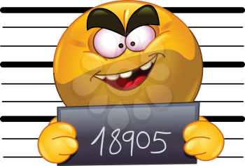 Arrested emoticon with measuring scale in back holding his number posing for a criminal mug shot