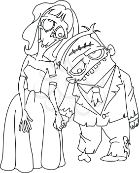 Outlined Zombie wedding. Bride and groom holding hands. Vector line art illustration coloring page.