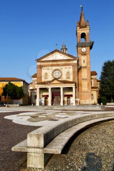 in  the parabiago old   church  closed brick tower sidewalk italy  lombardy   