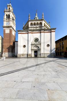 in  the busto arsizio  old   church  closed brick tower sidewalk italy  lombardy  