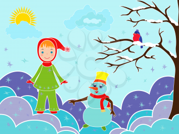 Small girl with snowman among snowdrifts, multicolor vector illustration