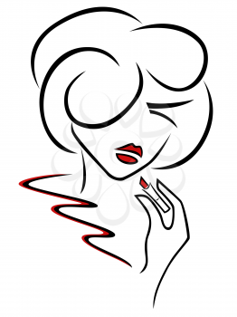 Young romantic woman uses a red lipstick, outline hand drawing sketching vector artwork