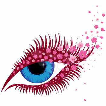 Female blue eye with small pink flowers of sakura, hand drawing vector illustration