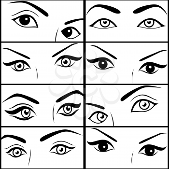 Eight pairs of female eyes, set of black vector outlines each separately isolated on the white backgrounds