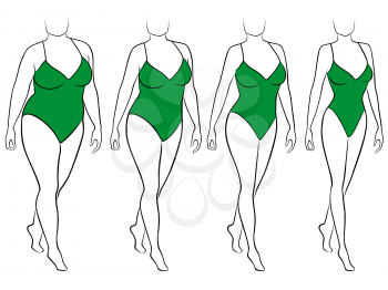 Four stages of abstract female on the way to lose weight, black and green vector illustration
